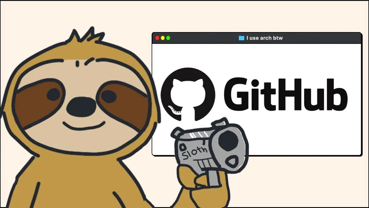 A chill sloth mascot wearing headphones and peeking from behind a laptop with GitHub stickers